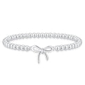 Mothers Day Gifts - Beaded Bracelets for Women 14K Silver Gold Plated Stretch Handmade Ball Bracelets Cute Charm Bracelet Dainty Stackable Cross Heart Bow Wave CZ Circle Trendy Jewelry Easter Gifts - color: bow-silver