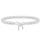 Mothers Day Gifts - Beaded Bracelets for Women 14K Silver Gold Plated Stretch Handmade Ball Bracelets Cute Charm Bracelet Dainty Stackable Cross Heart Bow Wave CZ Circle Trendy Jewelry Easter Gifts - color: bow-silver