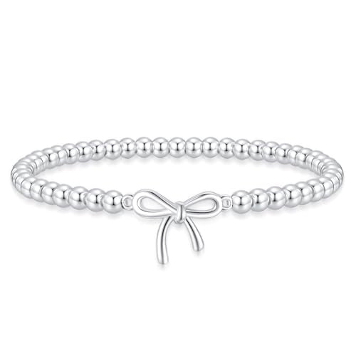 Mothers Day Gifts - Beaded Bracelets for Women 14K Silver Gold Plated Stretch Handmade Ball Bracelets Cute Charm Bracelet Dainty Stackable Cross Heart Bow Wave CZ Circle Trendy Jewelry Easter Gifts - color: bow-silver