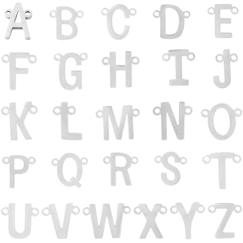 SUNNYCLUE 1 Box 26Pcs 304 Stainless Steel Alphabet Charms Letter Connector Charms A-Z Initial Double Loops Metal Connectors for Jewelry Making Supplies DIY Craft Necklace Bracelet Name Keychain Women - color: Silver