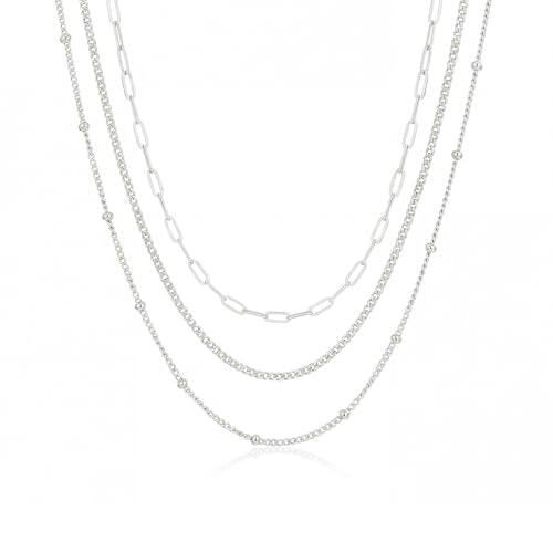3PCS Gold Necklaces for Women,Chunky Statement Gold Plated Necklace Stack Layered Sterling Silver Herringbone Chains for Women Dainty Trendy Silver Chains Stacked Jewelry Gifts - color: silver beaded necklace set