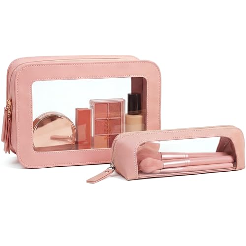 LETGO Clear Travel Makeup Brush Bag, Leather Portable Makeup Brush Bag Organizer Pouch Lipstick Bag Transparent Waterproof Makeup Bag Car Orangizer Storage Bag for Women (Dual Pink) - color: Dual Pink