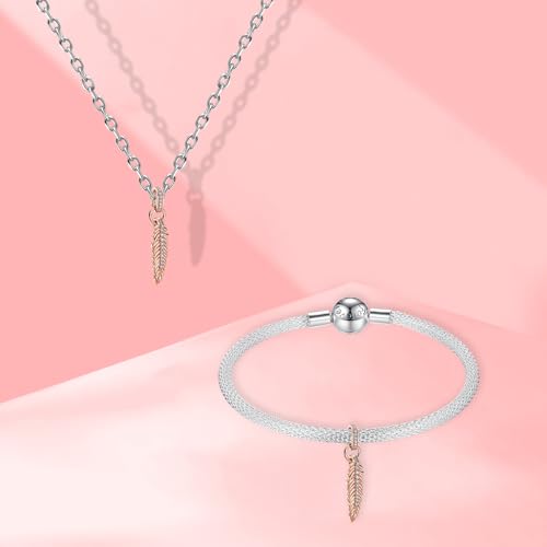 S925 Charms for Bracelets and Necklaces, Gifts for Mothers Nurses Day Graduation, for Girlfriend Family Friend, Bead Pendant, for Pandora, Silver 14K Gold Plated Enamel CZ, DIY Jewelry Making - style: s Rose Gold Feather Charms