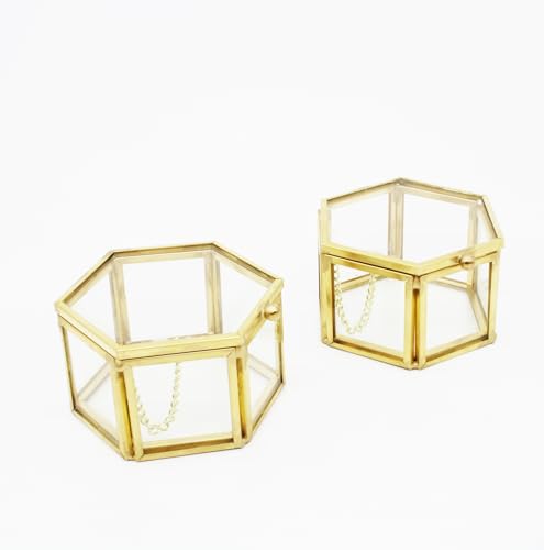 JIARI Glass Jewelry Box Small Gold Hexagonal Decorative Box Ring Earring Display Keepsake Box Case Box for Storage (Small 2 Pack)