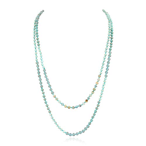 Bead Strand Versatile 60" Long Wrap Necklace - Handmade Knotted Multi Layer Sparkly Crystal, Semi Precious Natural Stone, Lava, Glass Faux Pearl - color: Natural Stone & Sparkly Bead Mix - Amazonite