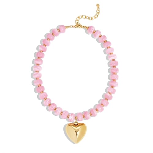 Gold Heart Pendant Necklaces for Women Colorful Acrylic Resin Beaded Choker Necklace Fashion Chunky Statement Beaded Heart Necklace - color: Pink