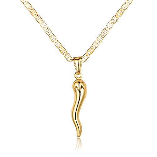 Barzel 18K Gold Plated Flat Marina Chain With Italian Horn Necklace Cornicello - Made In Brazil - size: 24 Inches