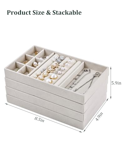 Stackable Jewelry Organizer Trays with Removable Dividers, 4-Tray Beige Jewelry Drawer Organizer Set for Earrings, Necklaces, Rings & Bracelets Gift for Her - size: 4 Layers