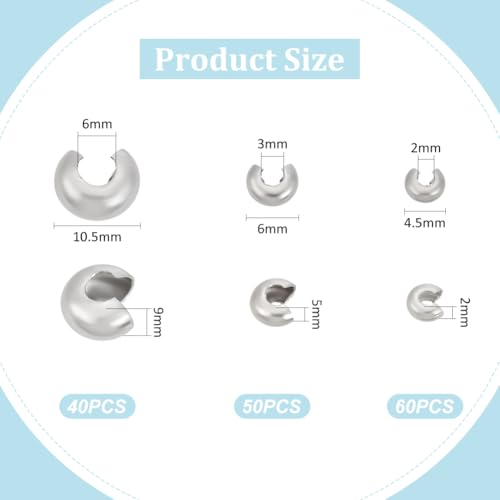 UNICRAFTALE 150pcs 3 Sizes 4.5/6/10.5mm Diameter Crimp Beads 304 Stainless Steel Crimp Beads Covers Beads End Tip Half Round Open Crimp Beads for Women Bracelet Necklace Jewelry Making - size: 4.5/6/10.5mm Dia