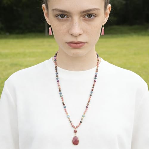 2 Pcs Boho Lapis Lazuli Jewelry Set for Women - Handmade Natural Stone Beaded Long Necklace with Oval Lapis Lazuli Pendant & Trapezoid Lapis Lazuli Earrings | Vintage Elegance | Ideal Gift for Her - style: Rhodochrosite Pendant