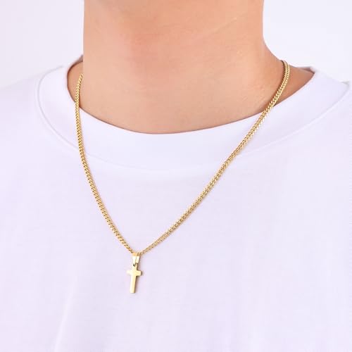 Fiusem Easter Basket Stuffers Cross Necklace for Men and Women, 14K Gold Plated Mens Cross Necklaces with 3.5mm Cuban Chain, Stainless Steel Pendant Chain 16-24 Inches - size: 20 Inches, style: Tiny gold cross:0.8"*0.45"