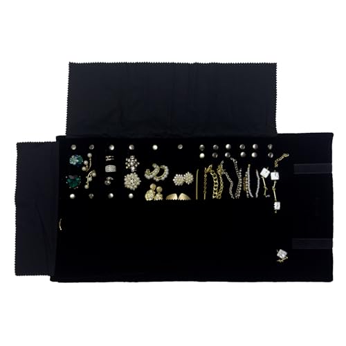 UnionPlus Velvet Travel Jewelry Case Roll Bag for Necklaces Brackets Earrings Rings, Black - color: Black Multi, size: Medium