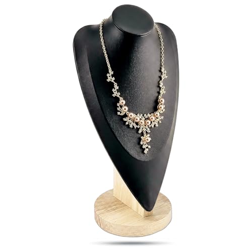 14.5" Solid Oak Jewelry Necklace Bust Display Stand for Vendors - Black Faux Leather - Wooden Mannequin Chain Holder - Tall - color: Black, size: 14.5" Tall, style: Light Oak