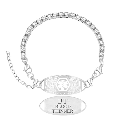 Women's Medical ID Bracelet with White Zircon Tennis Chain, Interchangeable Engraved Plate, Adjustable Lobster Clasp, Lightweight, Hypoallergenic, for Running, Outdoor, Daily Wear - color: White-BLOOD THINNER