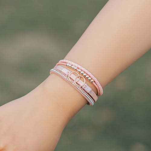 FANCY SHINY Mothers Day Gifts Boho Leather Wrap Bracelet Stackable Infinity Chunky Cuff Bracelets Western Hippie Outfits Jewelry Valentine Gifts for Women - color: Pink