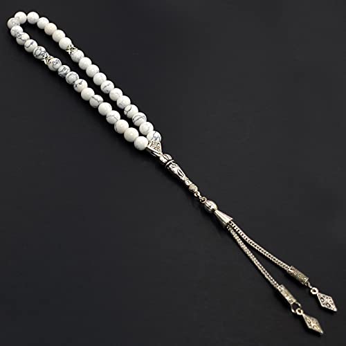 Simple Designed Natural Stone Worry Beads (8 mm -33 Beads) - Prayer Beads Tesbih-Tasbih-Tasbeeh-Misbaha-Subha-Sebha-Sibha-Rosary (Synthetic White Turquoise Stone) - color: White Turquoise Stone