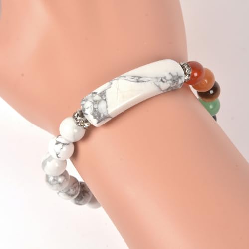 Justinstones Gem Semi Precious Gemstone Love Heart Charm Stretch Beaded Bracelet Unisex - color: White Howlite(7 Chakra)