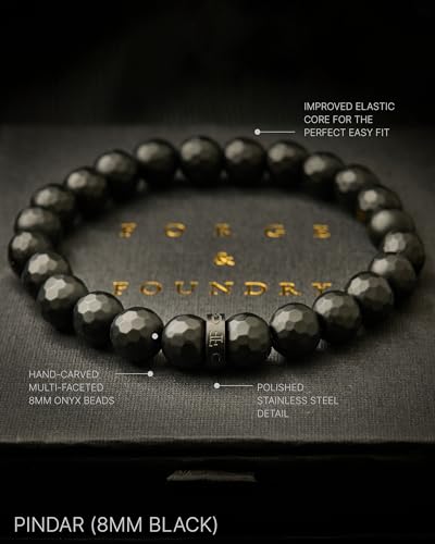 Forge & Foundry Faceted Matte Black Onyx Stone Beaded Bracelet | Custom Signature Stainless Steel Bead | ‘Pindar’ | 8mm and 10mm Bead Desgins | Refined Hand-Crafted Jewelry - color: 8mm Black, size: Large