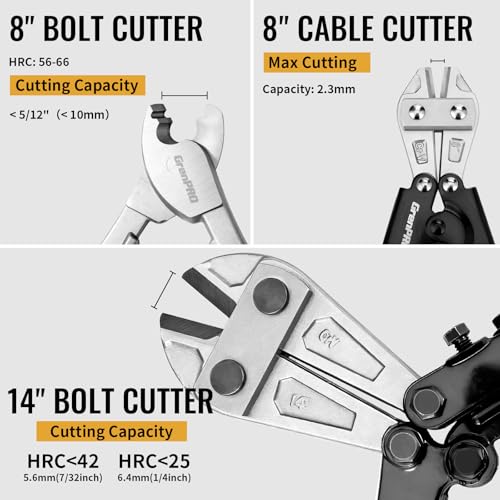 GRENPRO 3-Piece Bolt Cutter Pliers Set, 14" Heavy Duty Bolt Cutter, 8" Mini Wire Cutter, 8" Cable Cutter with Carrying Bag, Cr-V Blade for Metal, Key, Lock, Craft & Hard Wire, Screw, Chains Hand tool - style: 3-Piece Bolt Cutter Set
