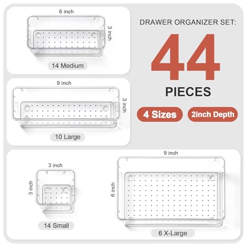 44 Pcs Makeup Drawer Organizer Set, 4 Sizes Versatile Vanity Drawer Organizer for Makeup, Non-Slip Desk Organizer Trays for Bathroom, Bedroom, Office, Fits Jewelry and Office Supplies - size: 44Pack