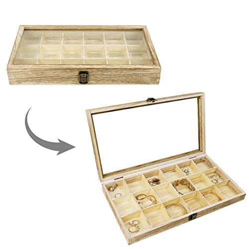 Mooca Wooden Display Storage Case with Tempered Glass Lid for Jewelry and Beads with 18 Compartments Tray, Oak Color, 15" W x 8 3/4" D x 2" H - color: Oak