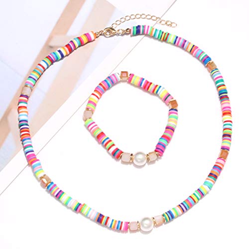 ARATLENCH Heishi Surfer Necklaces Bracelets –Colorful Vinyl Disc Beads Love Necklace Boho Rainbow Stack Stretch Friendship Bracelet Necklaces Set for Women