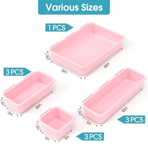 10 PCS Drawer Organizer Set, 4 Size Makeup Drawer Divider Organizer With Non-Slip Pads, Interlocking Plastic Storage Bins for Office,Jewelry Vanity,Gadgets, Bathroom,Kitchen, Pink - color: Pink, size: 10Pack