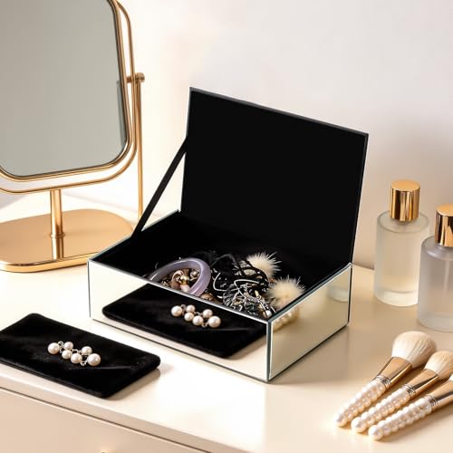 Luxury Mirrored Jewelry Box with Crushed Diamond - Glass Jewelry Box Organizer Storage Ring Holder Case for Women - size: A