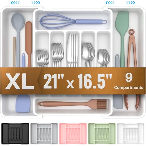 ukeetap Extra Large Expandable Silverware Organizer, BPA-Free Food-Safe Cutlery Flatware Organizer, Kitchen Utensil Drawer Organizer, Adjustable Silverware Holder for Spoons Forks Knives, White - color: White
