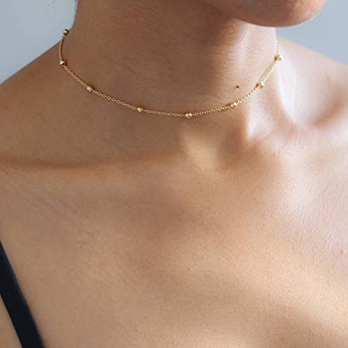 MEVECCO Dainty Gold Chain Choker Necklace 14K Gold Plated Handmade Boho Cute Tiny Beaded Link Choker Necklace Delicate Simple Minimalist Choker Necklace for Women - style: Beaded GD