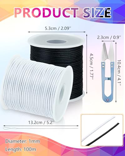 FIVEIZERO 2 Rolls Elastic Bracelet String Total 330 Feet,1.0mm,1.2mm,1.5mm Elastic Cord for Beading Stretchy String with Beading Needle for Bracelets, Sewing, Necklace, Jewelry Making and Crafts - size: 1mm, style: Black White