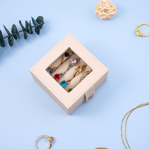 Small Leather Jewelry Box with Glass Top Mini Ring Display Case with 8 Slots for Selling Gift for Girls and Women (Pearl White) - color: PearlWhite
