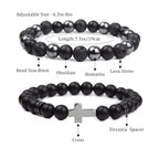 Natural Stone Bracelet 8mm Mens Black Beaded Bracelets Hematite Obsidian Onyx Lava Beads Bracelet Healing Crystal Bracelet for Men - style: Cross