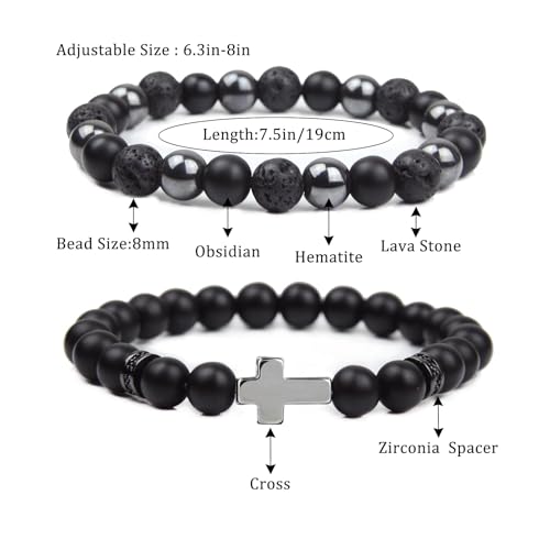 Natural Stone Bracelet 8mm Mens Black Beaded Bracelets Hematite Obsidian Onyx Lava Beads Bracelet Healing Crystal Bracelet for Men - style: Cross