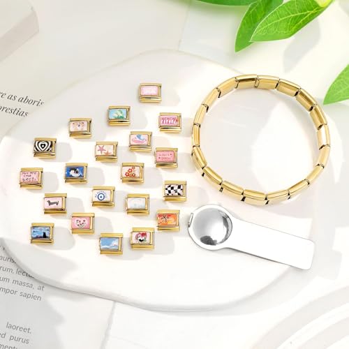 Italian Charms Bracelet Sets with 1Pcs Starter Brascelet 9Pcs Charms 9mm Italian Modular Charm Bracelet DIY Module Jewelry Gifts - color: A-Starter Bracelet Set-20Pcs Gold Red