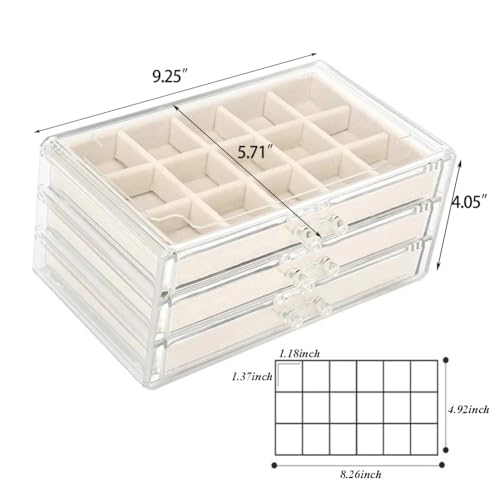 YUFONG Earring Organizer Box Acrylic Jewelry Organizer with 3 Drawers 54 Adjustable Grids Clear Stackable Earring Holder Velvet Trays Ring Display Case for Women Girls (Beige) - color: Beige