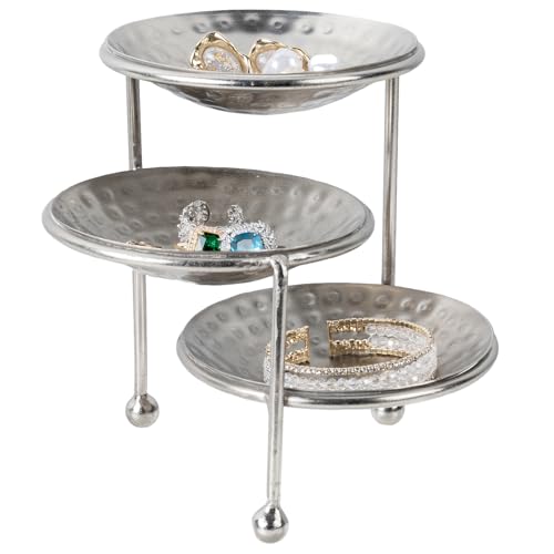 MyGift 3 Tier Jewelry Dish Organizer, 4 Inch Hammered Silver Metal Dishes and Stand, Decorative Ring Tray Jewelry Holder Display Tower for Earrings Necklace Bracelet - Handcrafted in India - color: Silver, 3 Tier