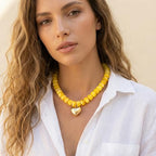 Chunky Heart Necklace for Women, Colorful Acrylic Beaded Statement Puff Heart Necklace, Cute Boho Y2K Choker Necklace for Gift Jewelry - color: Yellow