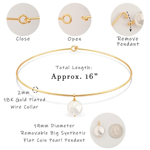 Aobei Pearl 18K Gold Plated Cuff Choker Necklace for Women Chunky Wire Chain Collar Jewelry - style: Round Wire Coin Pearl