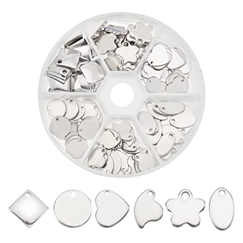 PandaHall Elite 120 Pcs 304 Stainless Steel Flat Blank Stamping Tag Pendants Charms 6 Styles for Jewelry Making - color: Stainless Steel Color-120 Pcs, size: 6 Styles-length 10~14mm