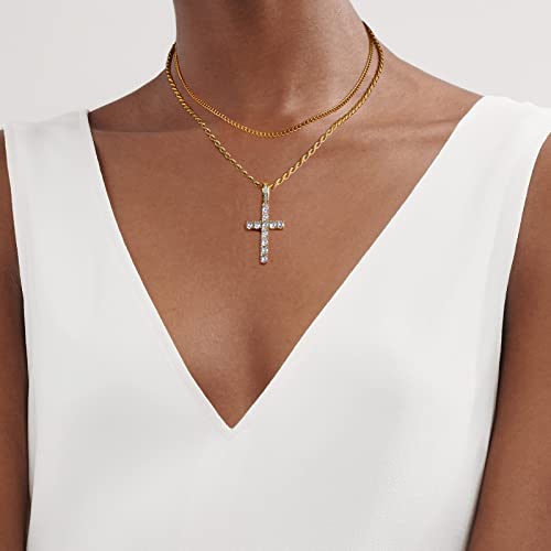 GEMOSA Cross Chain for Men 14K Gold Silver Plated Solid Iced Out 5A+ Cubic Zirconia Stainless Steel Cuban Link rope Layered Chains 16-24 Inch Large Cross Diamond Pendant Nceklace Jewelry Gifts - color: Yellow Gold, size: 20/22 inch