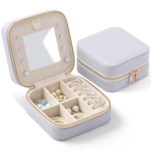 Genuine Leather Travel Jewelry Organizer Case with Mirror for Women, Small Mini Portable Jewelry Box for Ring Earrings Necklace Bracelet Luxury Gift for Women（Lilac） - color: Lychee Grain Leather Lilac