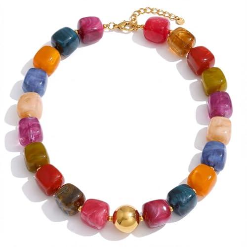 Mchic Colorful Beaded Choker Necklace for Women: Boho Large Square Acrylic Beaded Necklace Stainless Steel Adjustable Surfer Beach Strand Necklaces Summer Handmade Jewelry Gift for Women - color: Colorful