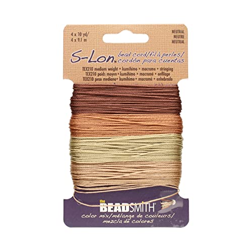 The Beadsmith S-Lon Bead Cord – .5 mm Twisted Nylon Cord for Stringing, TEX210, Neutrals Mix, 4 Colors, 10 Yards Each Color - color: Neutrals