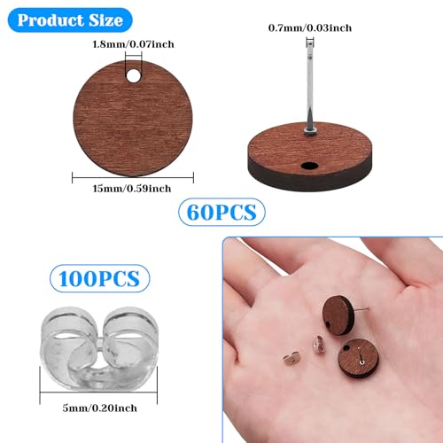 Wood Earring Posts,160Pcs Wooden Stud Earrings Posts with Loop for Jewelry Making Wood Stud Earring Findings Earring Pin Stud Bulk with Butterfly Earring Backs for DIY Earrings Making Supplies Kit - color: Round-160Pcs