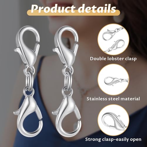 10 Pcs Double Lobster Clasp Extender Silver Necklace Chain Extenders Double Claw Connector Bracelet Necklace Extender for DIY Jewelry Making - color: Silver