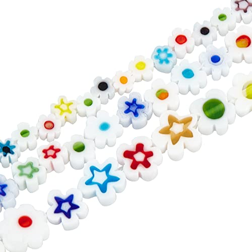 OLYCRAFT About 208~222 Pcs Handmade Flower Millefiori Lampwork Glass Beads 3 Styles White Glass Flower Beads Loose Mosaic Bead for Jewelry Bracelet Necklace Making and DIY Craft - color: Flower #1