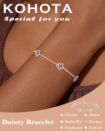 KOHOTA Silver Gold Bracelets for Women Trendy 14K Gold Plated Bracelet for Women Non Tarnish Dainty Stackable Clover Flower Heart Butterfly Diamond CZ Charm Station Bracelets Stack Jewelry Gifts - color: B: Flower-Silver