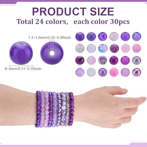 PH PandaHall 720pcs 8mm Purple Glass Beads 24 Color Round Bracelet Beads Loose Crystal Bead Craft Bead Bulk for Summer Friendship Bracelet Necklace Earring Jewelry Making DIY Craft Party Ornament - color: Purple
