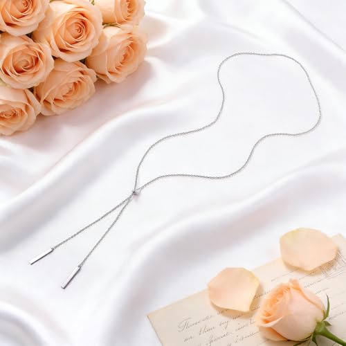 Long Necklace Sterling Silver Larait Bar Y Lariat Long Chain Drop Adjustable Necklace Gift for Her, 30" - style: Long Bar Necklace